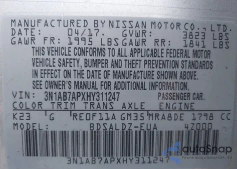 2017 Nissan Sentra Sv из США, поврежденный, VIN 3N1AB7APXHY311247